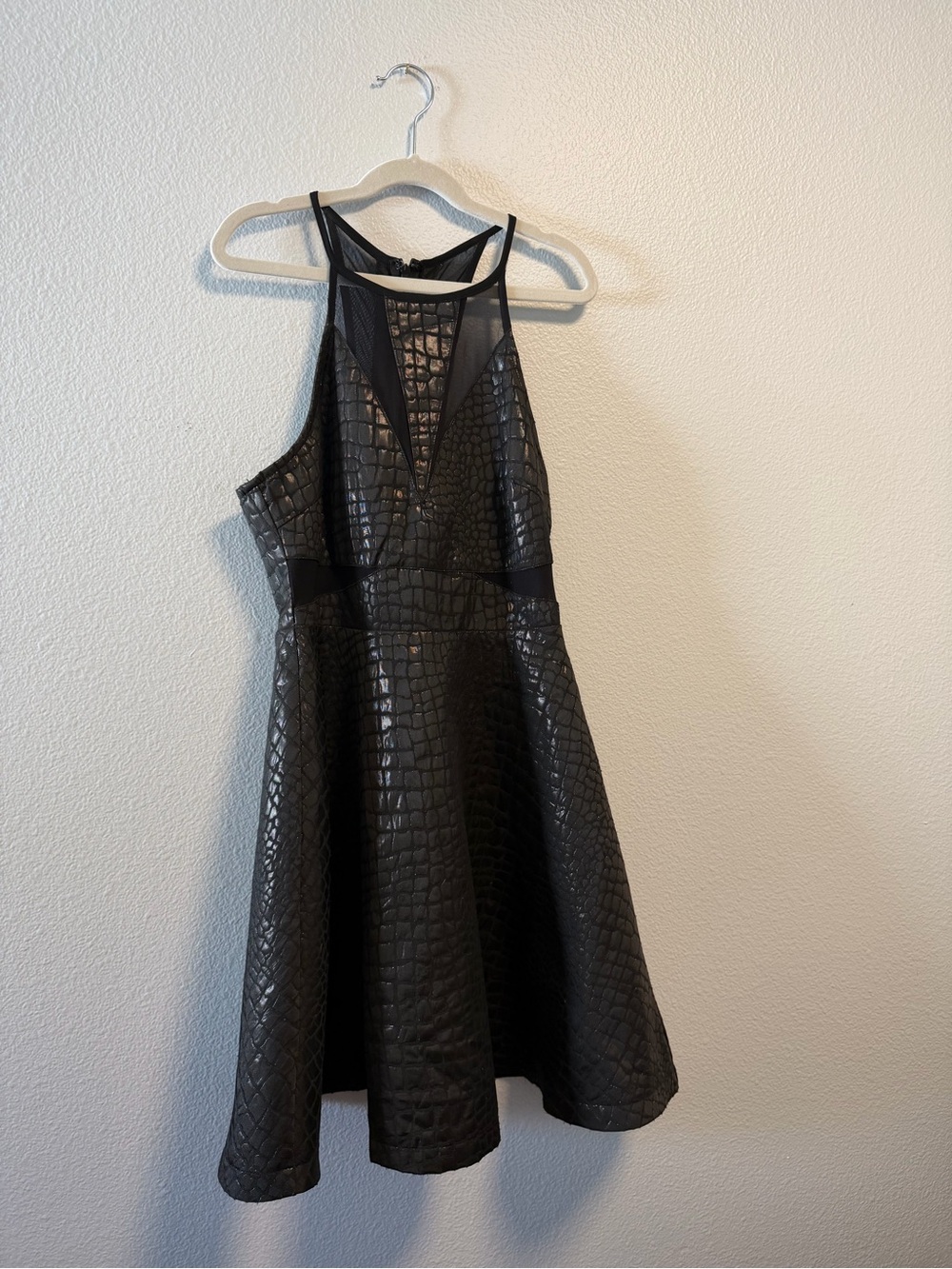 Black Faux-Croc Halter Fit & Flare Dress